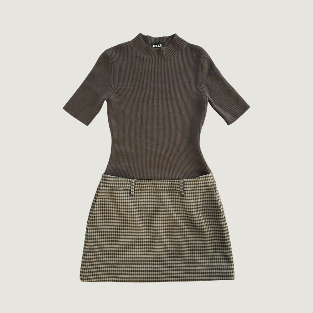 SER.O.YA Brown Ribbed Knit Houndstooth Mixed Media Mini Dress Small 1450